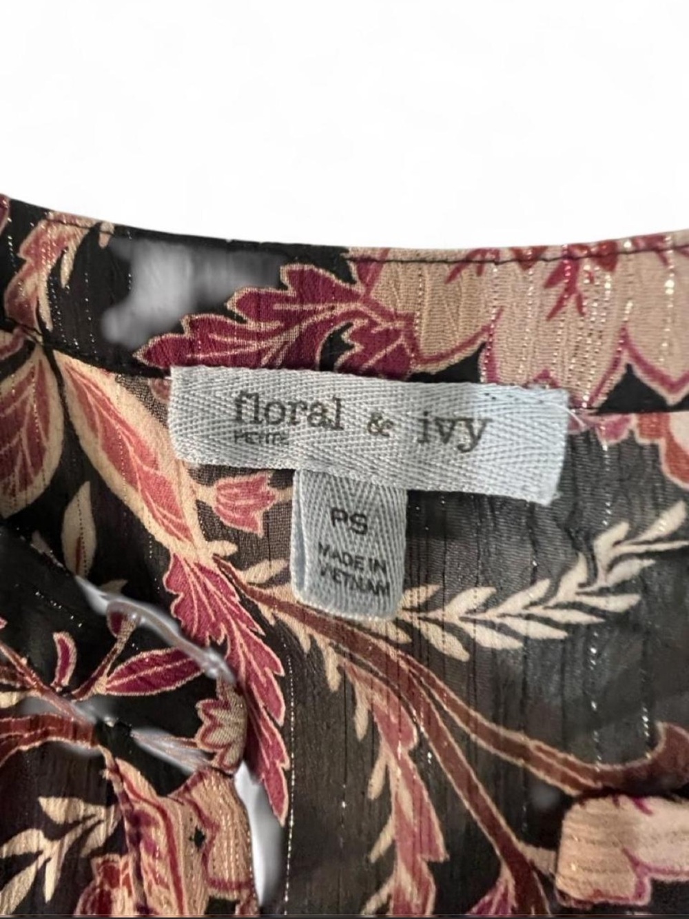Floral Print Black & Pink Long-Sleeve Women's Blouse- Petite Small - Picture 6 of 6